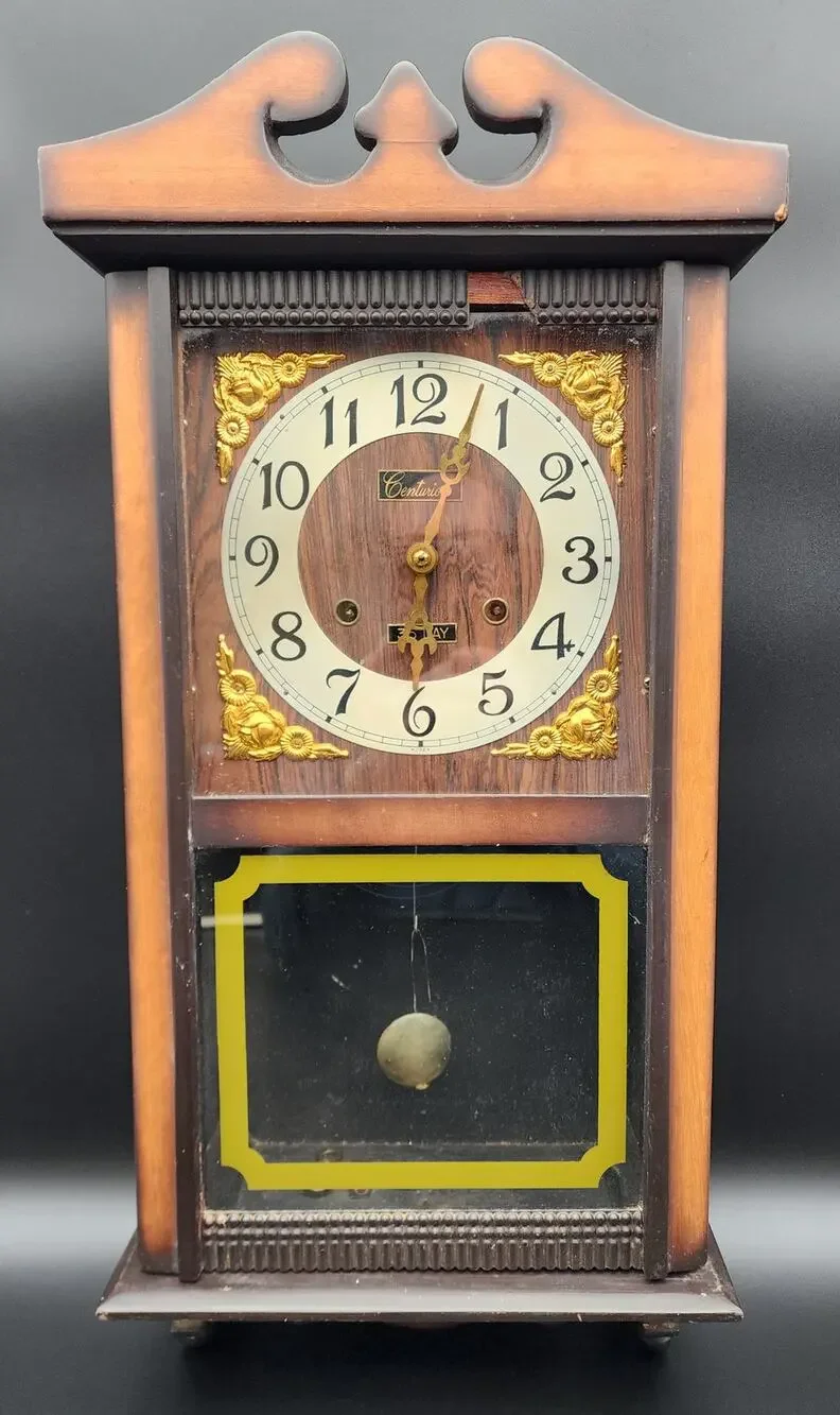 Vintage Centurion 35‑Day Regulator Clock* Korea Wood Case Brass Pendulum Key